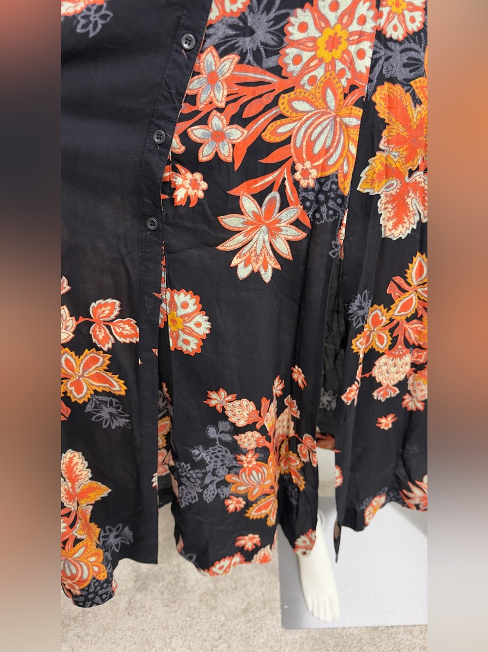 Free People Black Floral Boho Button Front Midi Dress Size 2 - Picture 9 of 16